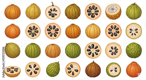 A collection of realistic cherimoya (custard apple) illustrations in various shades of green, yellow, and brown, including whole fruits and cross-sections showing the creamy white flesh and black seed