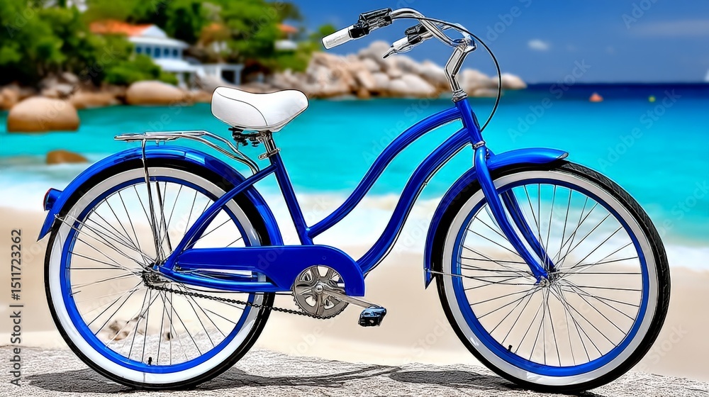 Fototapeta premium Bright blue bicycle parked on a sandy beach with turquoise water and rocky shoreline in the background