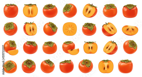 A collection of realistic persimmon illustrations, including whole orange fruits with green calyxes and various sliced persimmons showing the orange flesh and star-shaped seed pattern.