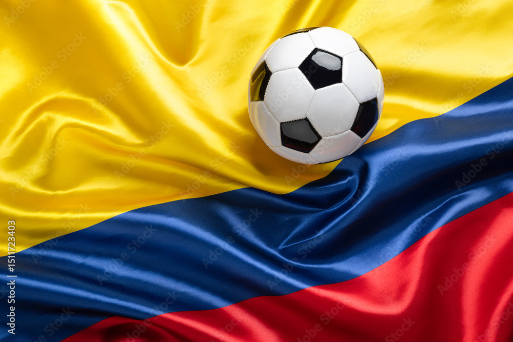 Naklejka premium A soccer ball on a Colombian flag. High quality photo