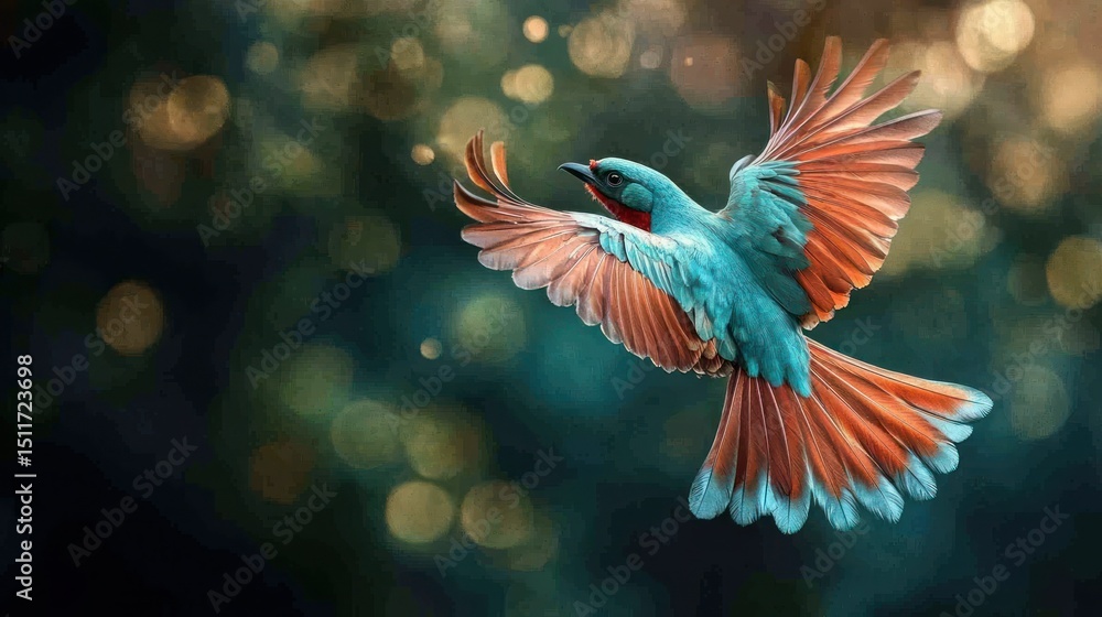 Fototapeta premium Vibrant bird in flight against bokeh background