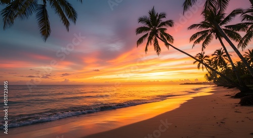 Stunning Tropical Sunset Beach Scene with Palm Trees