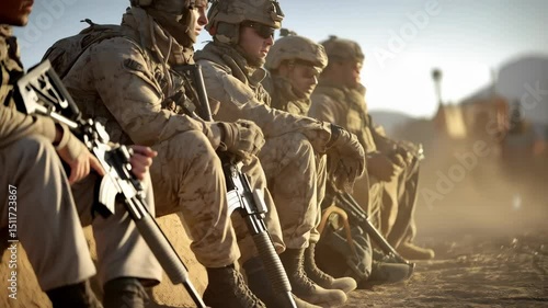 Fatigue soldiers resting with rifles after military operation in desert landscape, wearing camouflage, helmet, and sunglasses, with blurry background.