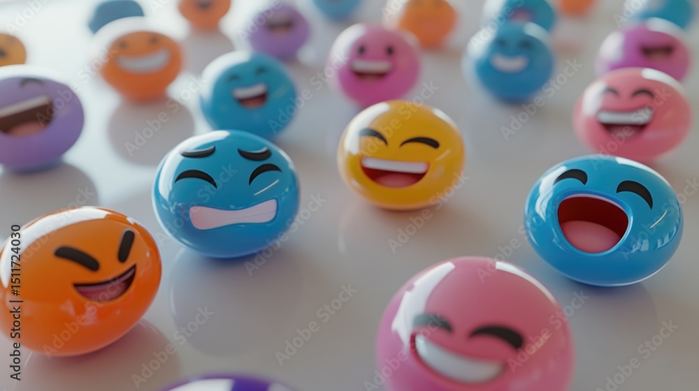 Fototapeta premium Colorful collection of smiley face balls in various expressions. The scene features a mix of blue, pink, orange, and yellow balls with happy and playful designs.