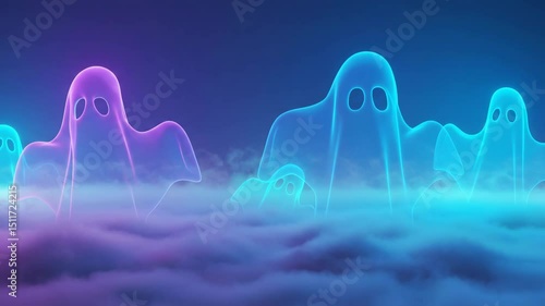 Glowing, colorful ghosts float gently above a smoky fog bank against dark blue gradient background, creating an eerie atmosphere.halloween mood
