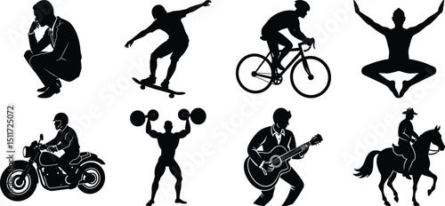 Man various activity silhouette set. Running, jumping, cycling, gym, yoga, sports, riding bundle vector isolated on transparent background