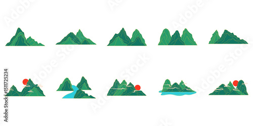 Set of chinese mountain landscape illustration. Mountain landscape with chinese oriental style. Vector isolated.