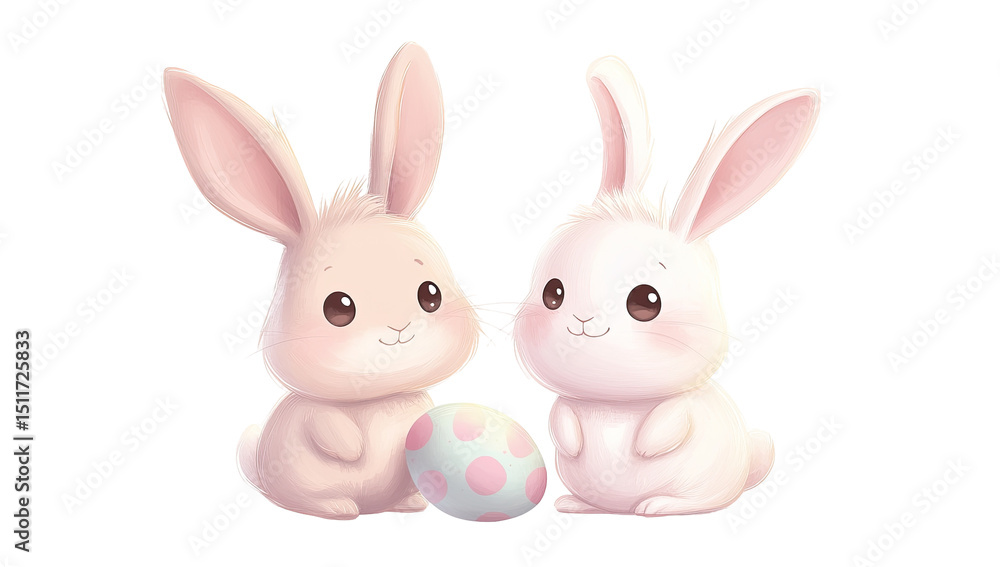 Two adorable cartoon bunnies, one peach and one white, sit side-by-side, nuzzling near a pastel pink-and-white speckled Easter egg. They have large eyes and fluffy tails Two adorable cartoon bunnies, one peach and one white, sit side-by-side, nuzzling near a pastel pink-and-white speckled Easter egg. They have large eyes and fluffy tails