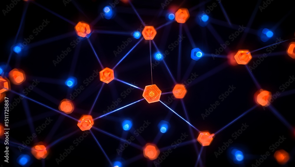 Abstract Network of Orange Hexagons and Blue Spheres Connected by Lines on a Dark Background Representing Technology Communication and Interconnectivity in a Modern and Futuristic Style Abstract Network of Orange Hexagons and Blue Spheres Connected by Lines on a Dark Background Representing Technology Communication and Interconnectivity in a Modern and Futuristic Style