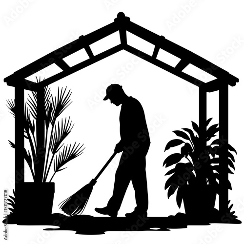 Person Sweeping Greenhouse Silhouette – Cleanliness and Indoor Maintenance