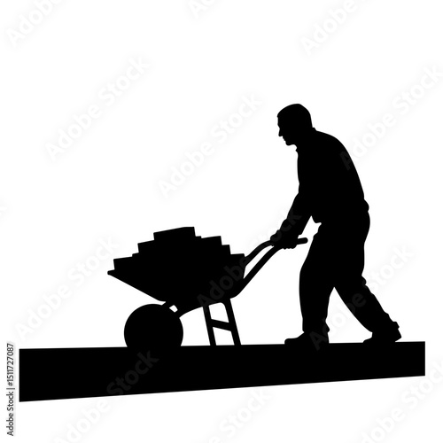 Worker Pushing Wheelbarrow with Bricks Silhouette – Urban Construction Labor