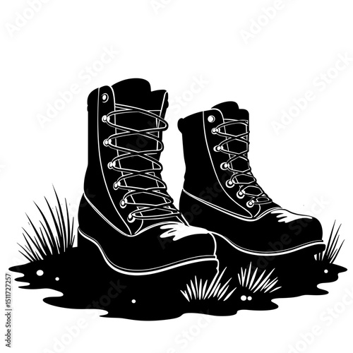 Hiking Boots Silhouette in Alpine Meadow with Snow