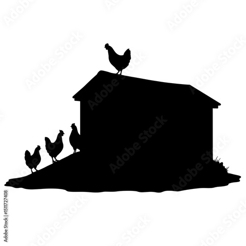 Chicken Coop Silhouette with Birds on Ramp – Rural Animal Shelter