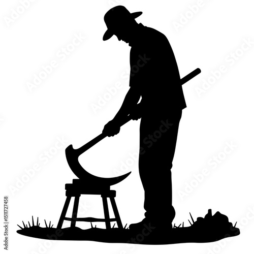 Farmer Sharpening Scythe Silhouette – Rural Tool Preparation