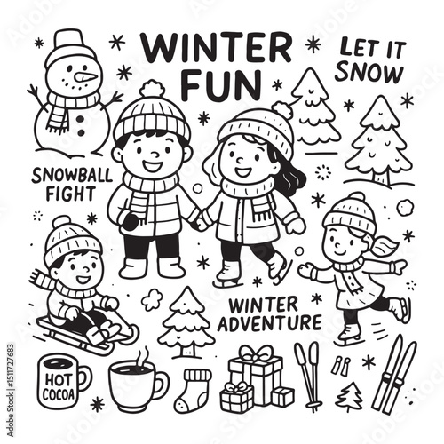 Winter Fun Illustration with Kids and Snow Activities