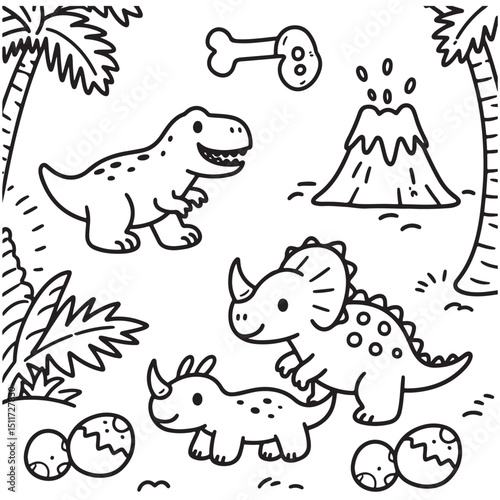 Playful Dinosaur Illustration with Volcano and Trees