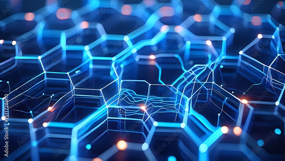 Obraz premium Abstract Technology Network with Glowing Nodes and Interconnected Lines Representing Data Flow Connectivity and Modern Communication Systems in a Futuristic and Dynamic Visual Design
