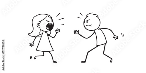 Stick Figure Couple Arguing, Woman Yelling at Man Vector Illustration
