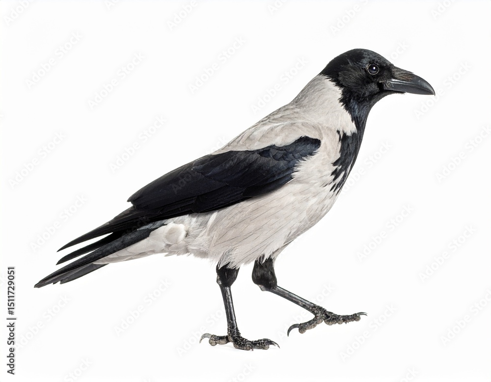 Fototapeta premium Grey hooded crow walks isolated on white background