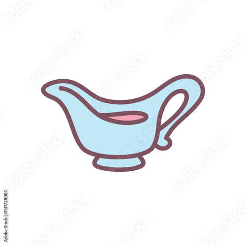 Sauce boat with gravy icon. Serving container traditionally used for pouring gravy at festive meals like Thanksgiving. Cute hand drawn illustration on white background.  Vector 10 EPS.