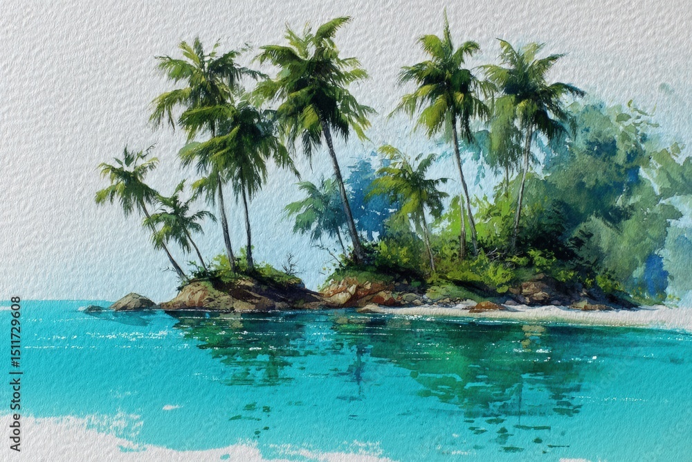 Fototapeta premium Beautiful tropical island with palm trees surrounded by clear turquoise water on a sunny day