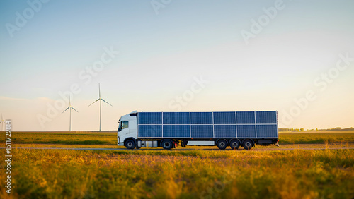 Solar-powered truck driving past wind turbines on a rural road at sunset