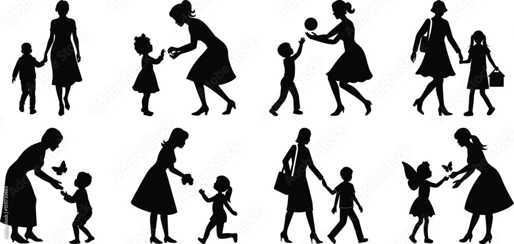 Fototapeta premium Happy Mothers' Day silhouette set. Mom and children activity vector bundle isolated on transparent background