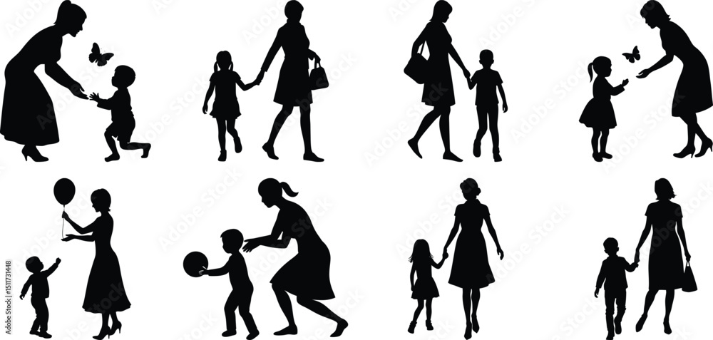 Fototapeta premium Happy Mothers' Day silhouette set. Mom and children activity vector bundle isolated on transparent background