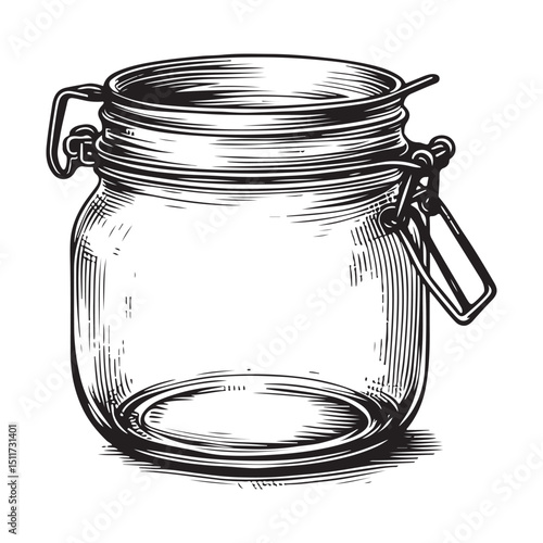 Vintage Glass Jar Illustration with Hinged Lid Vector Detailed Engraving