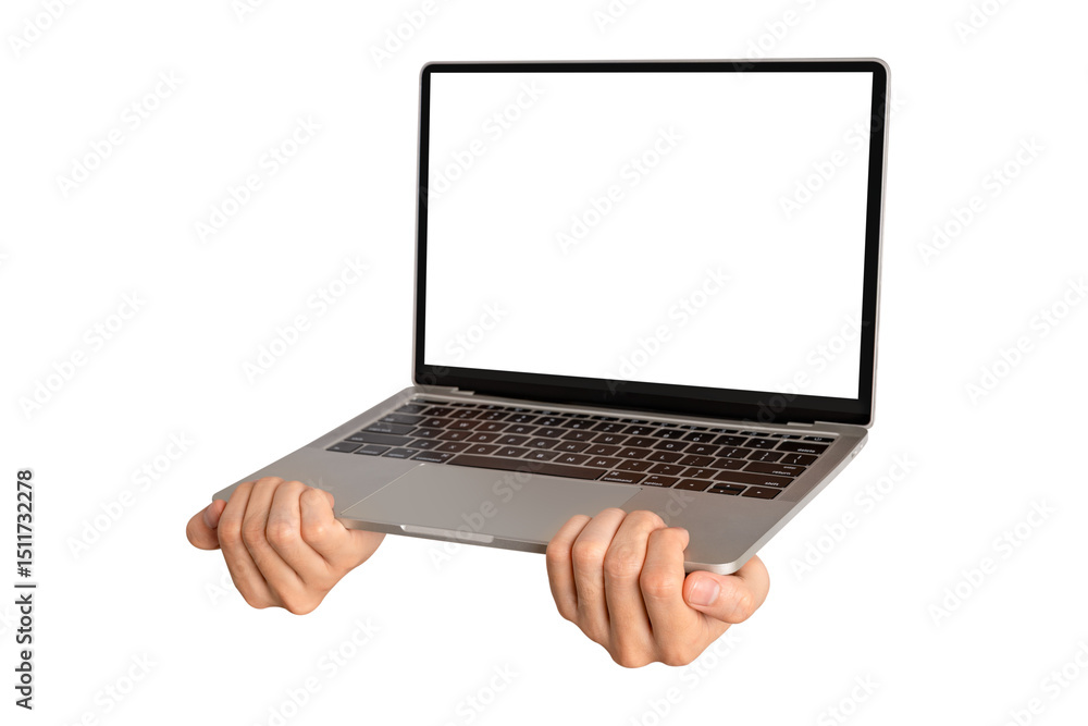 Hand showing laptop computer with blank screen isolated. Hand showing laptop computer with blank screen isolated.