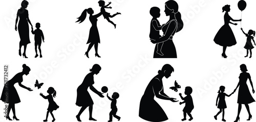 Happy Mothers' Day silhouette set. Mom and children activity vector bundle isolated on transparent background