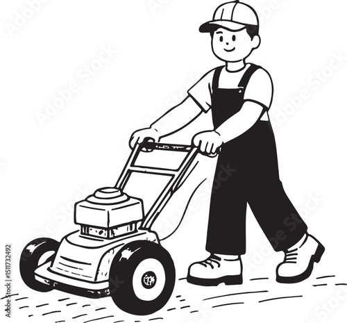 Happy businessman mowing his lawn with a smile, while a woman vacuums the floor, and a boy on a scooter watches them work