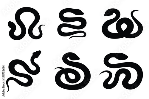 Black silhouette of a coiled snake with an upright head and curved tail, symbolizing danger and venomous creatures. snake icon vector glyph style design. Snake , logo. Snake icons set in black fiiled.