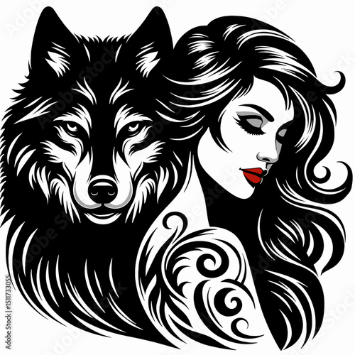 Woman with red lips and wolf in black fantasy tattoo style vector art