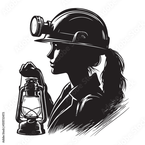 Silhouette of a determined woman miner holding a lantern illustration