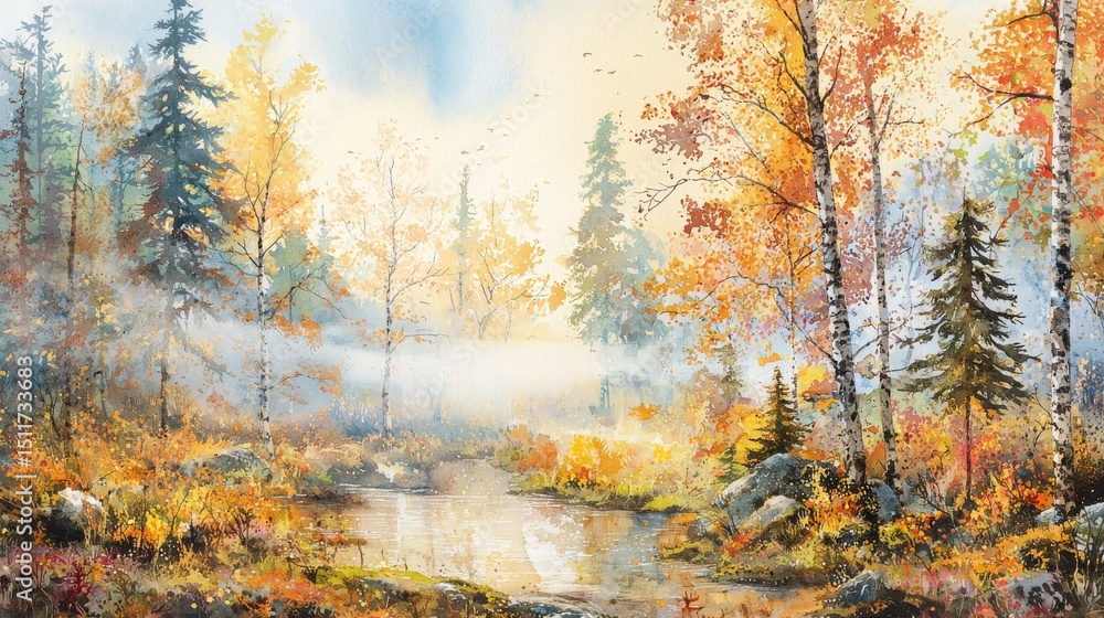 Fototapeta premium A misty autumn forest with colorful trees surrounds a calm stream, creating a serene and tranquil natural landscape.