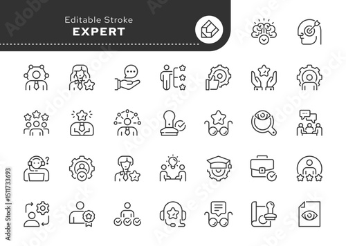 Expert line icon set. Expertise, specialist advice, conclusion, knowledge, competence, independent research and more. Outline icon in linear style. Vector collection.	