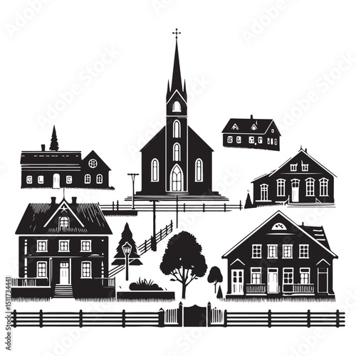 Small Town Village Silhouette Vector Illustration Peaceful Rural Community