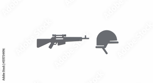 A rifle and a helmet silhouette, symbolizing warfare and defense, stand against a clear backdrop