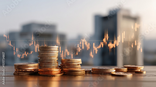 Coins and stock market graphs illustrate finance trends in a modern digital landscape