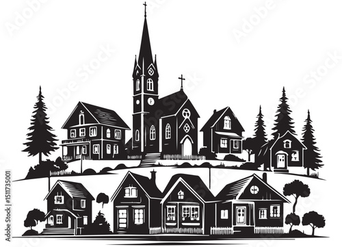 Silhouette Village Community with Church Building in Vector Illustration