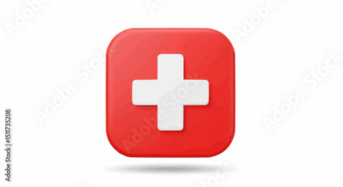 A 3D Rendered Red cross mark on the red square, symbolising health and aid. The plus symbol in white gives a clean and minimalist style.