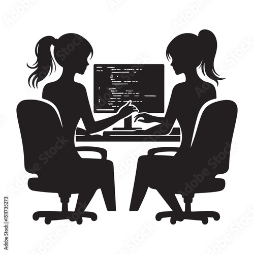 Collaborative coding teamwork silhouette two women developers vector design