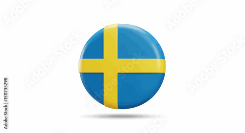 A vibrant 3D rendering of the Swedish flag in a circular shape, with a glossy finish and subtle shadow effect. The classic blue and yellow colors create a sense of national pride and unity
