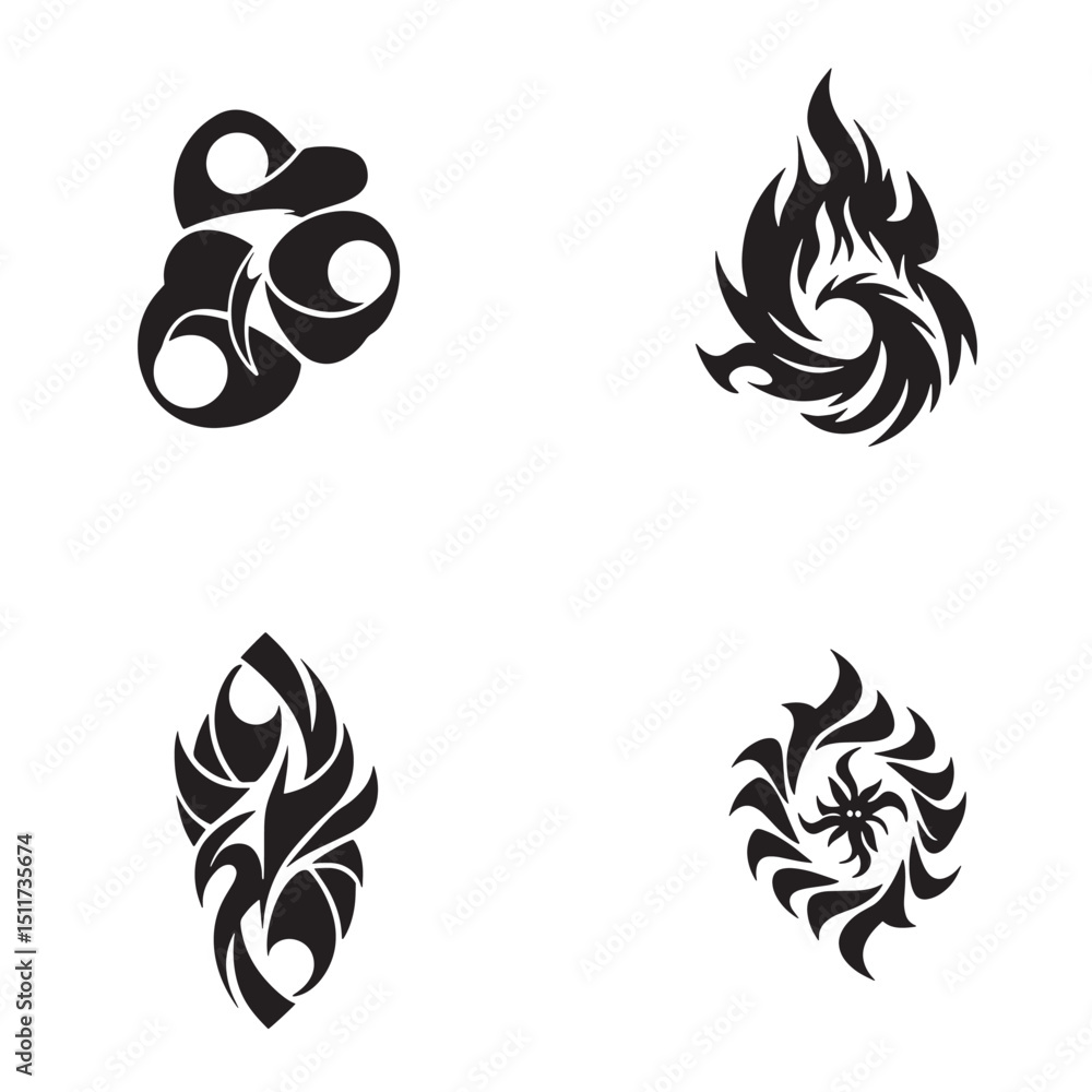 Fototapeta premium Collection of four abstract decorative silhouette designs in black and white on a white background
