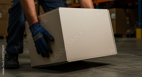Worker Lifting a Large Cardboard Box in a Warehouse