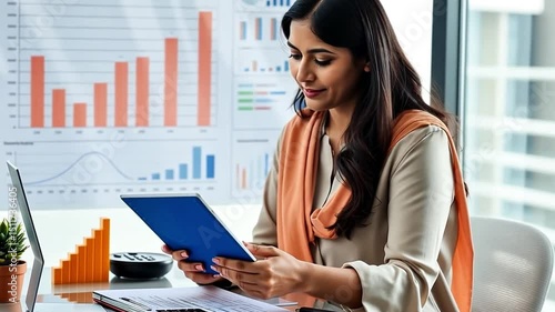 A focused Indian businesswoman, intently reviewing financial data displayed on a digital tablet, surrounded by charts and graphs 