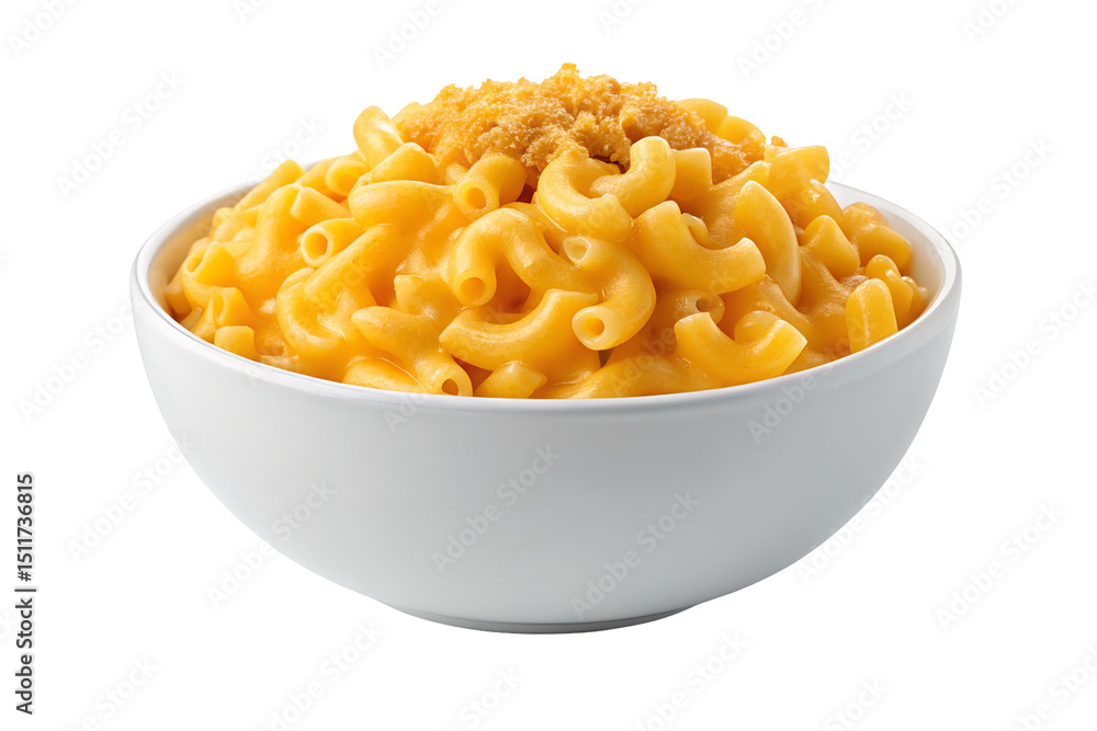 A white bowl filled with macaroni and cheese topped with breadcrumbs on a white background isolated view A white bowl filled with macaroni and cheese topped with breadcrumbs on a white background isolated view