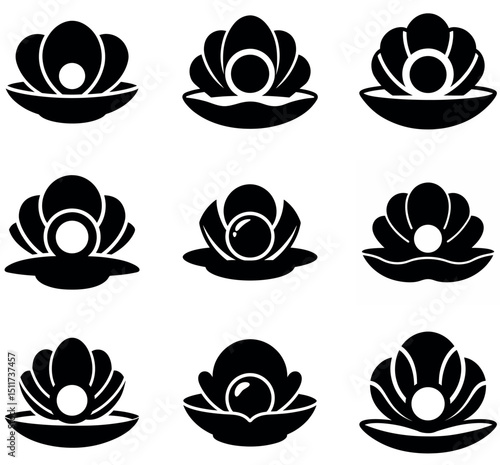 Pearl Oyster Shell Icon Set Silhouettes