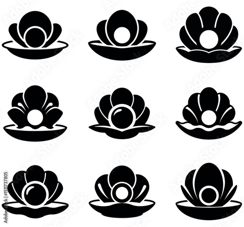 Pearl Oyster Shell Icon Set Silhouettes